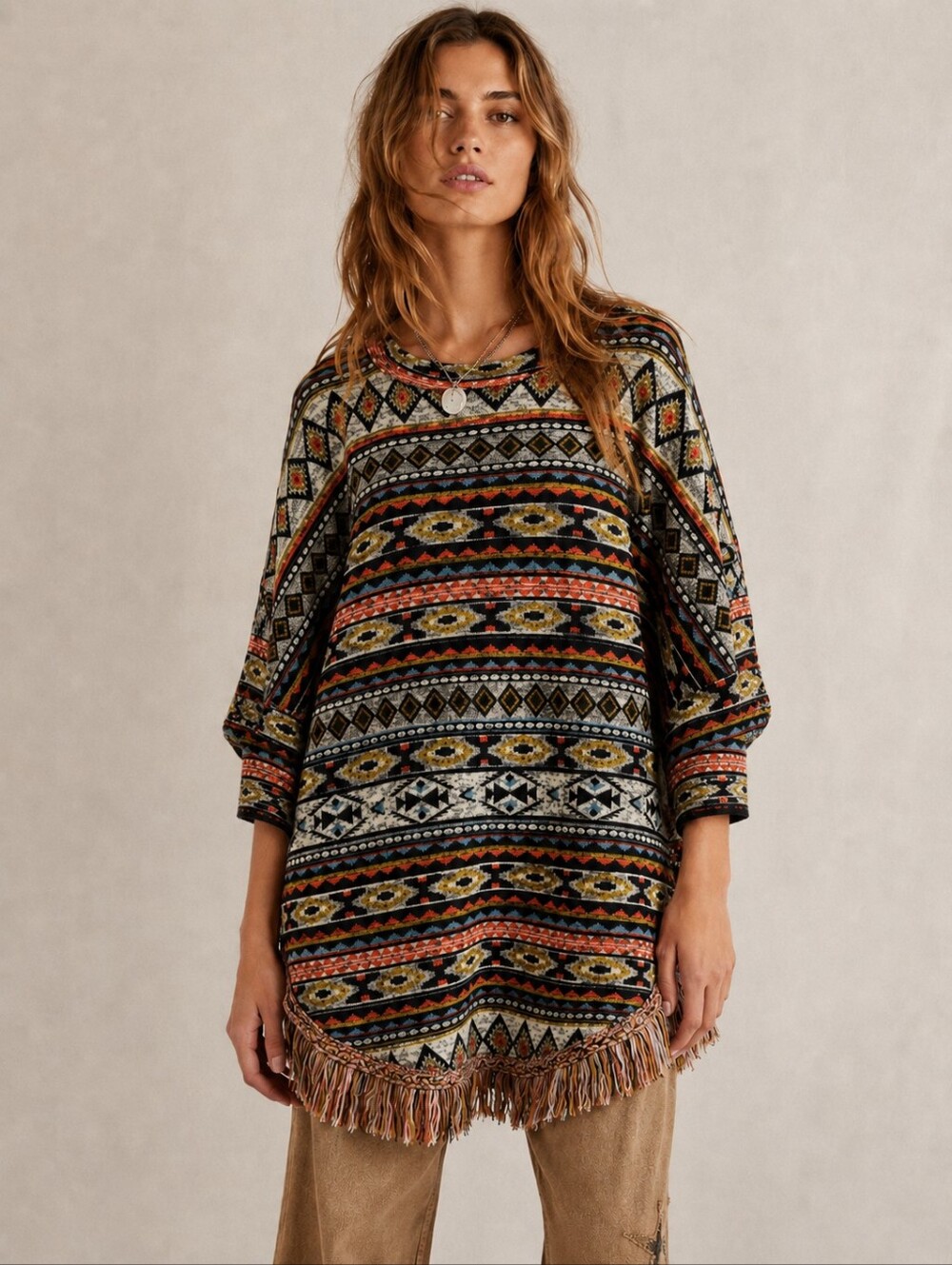 Do Everything in Love Western Boho Fringe PonchoTunic Sweater - Multi O/S